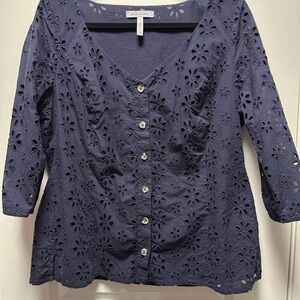 Bravissimo US 14 Navy Eyelet Blouse with 3/4 sleeves